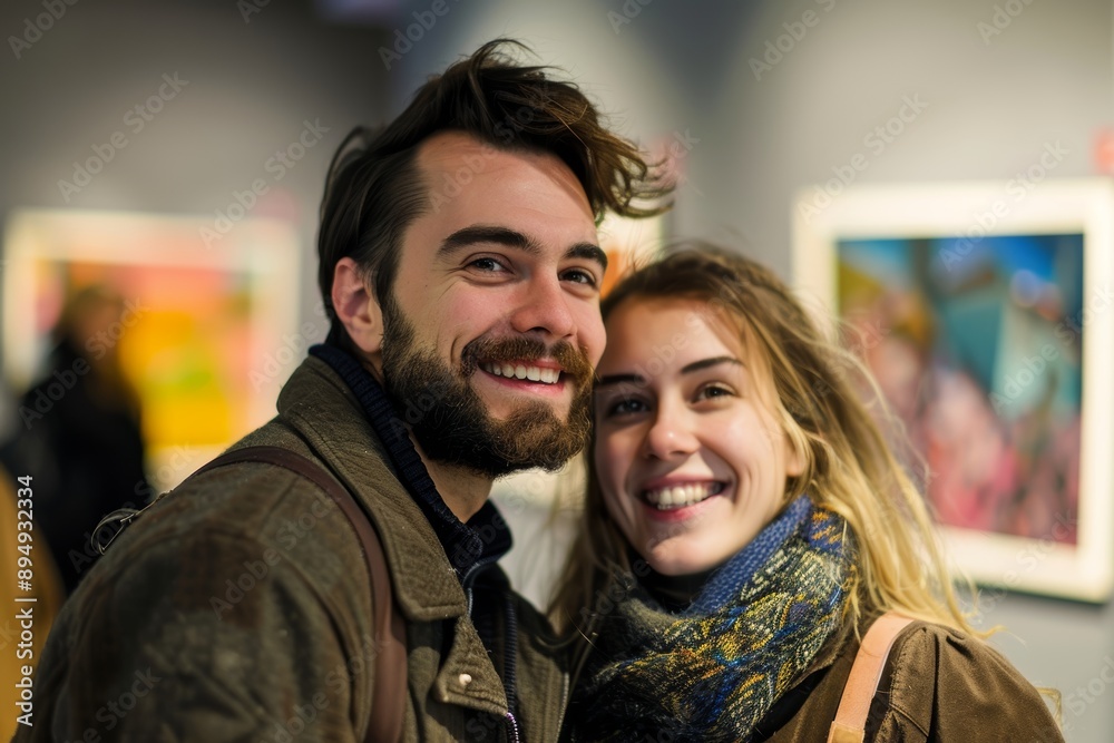 Portrait of a happy caucasian couple in their 20s visiting an art exhibition Portrait of a happy caucasian couple in their 20s visiting an art exhibition