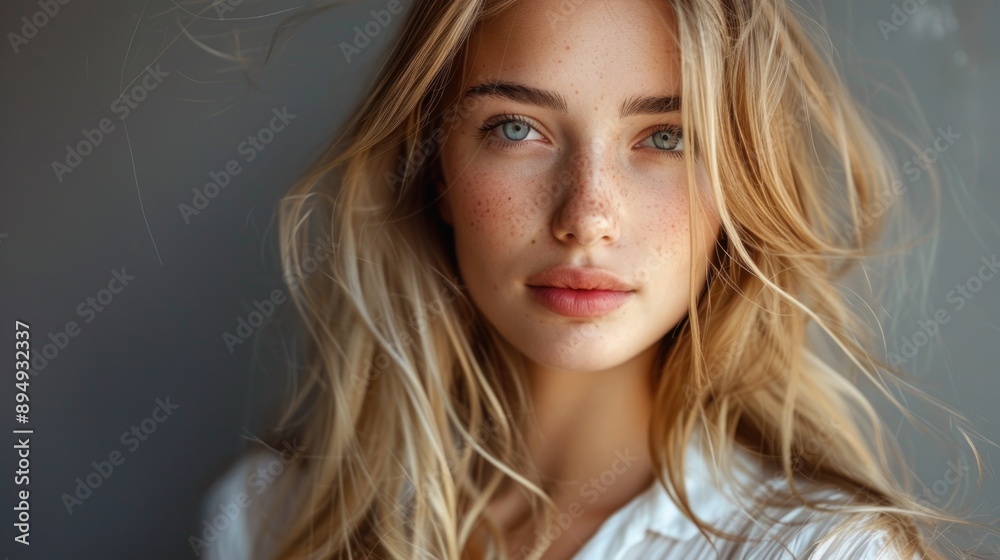 Radiant Natural Beauty: Freckled Young Woman with Blonde Hair