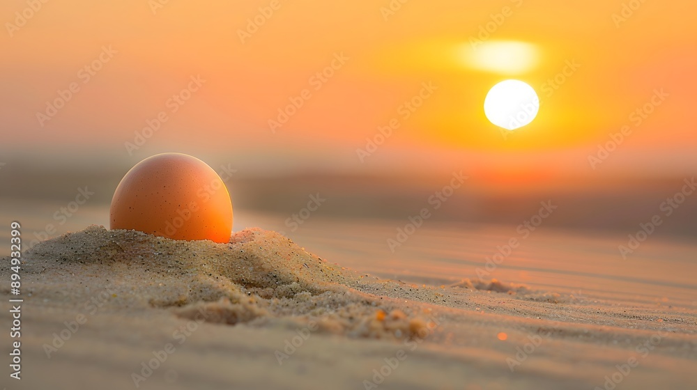Chicken egg on a soft sand dune with a sunset in the background Chicken egg on a soft sand dune with a sunset in the background
