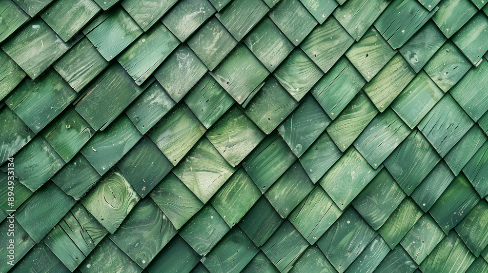 Green wooden shingles interlocking in a diagonal pattern Green wooden shingles interlocking in a diagonal pattern