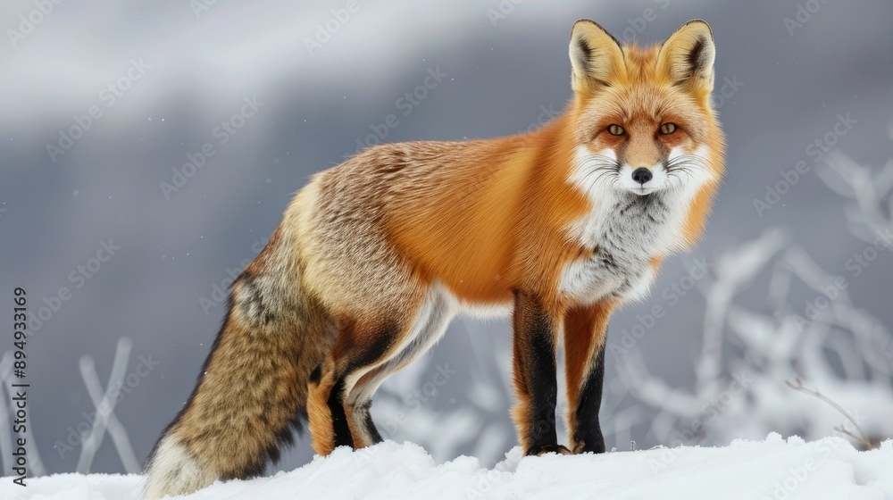 Majestic red fox poised on a snowy field, its vibrant fur adding beauty to the picturesque winter landscape. Majestic red fox poised on a snowy field, its vibrant fur adding beauty to the picturesque winter landscape.