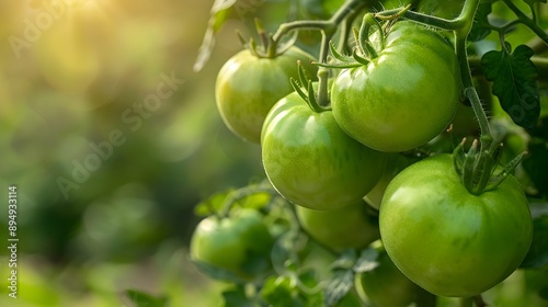 Backlit Green Tomatoes Growing on the Vine in Lush Garden