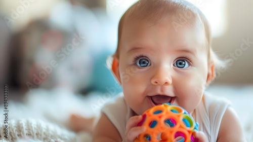 Delighted Baby Exploring Colorful Toy with Blurred Background