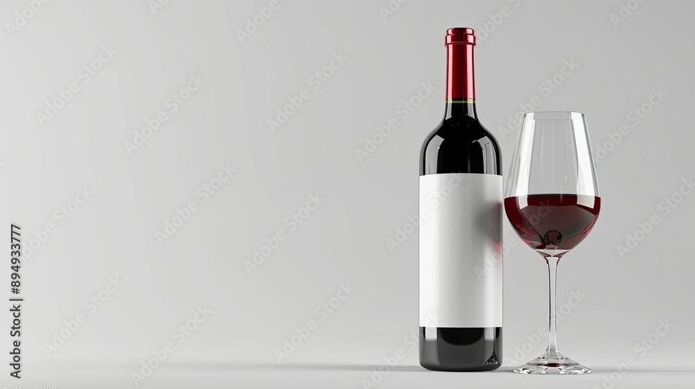 Red wine bottle with a blank label and a filled wine glass next to an empty one, isolated on a white background. Mockup for design. Red wine bottle with a blank label and a filled wine glass next to an empty one, isolated on a white background. Mockup for design.