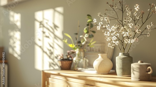Wallpaper Mural Sunlight Streaming Through Window Illuminates Cozy Home Decor with Vases and Flowers - Sunlight casts warm shadows on a wooden dresser, highlighting vases filled with delicate flowers and plants Torontodigital.ca