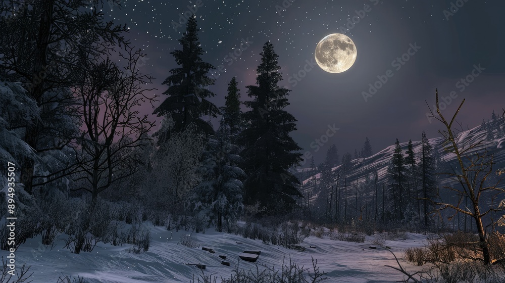 Winter night sky with snow-covered trees and a nearly full moon casting a gentle, silver glow over the landscape. Winter night sky with snow-covered trees and a nearly full moon casting a gentle, silver glow over the landscape.