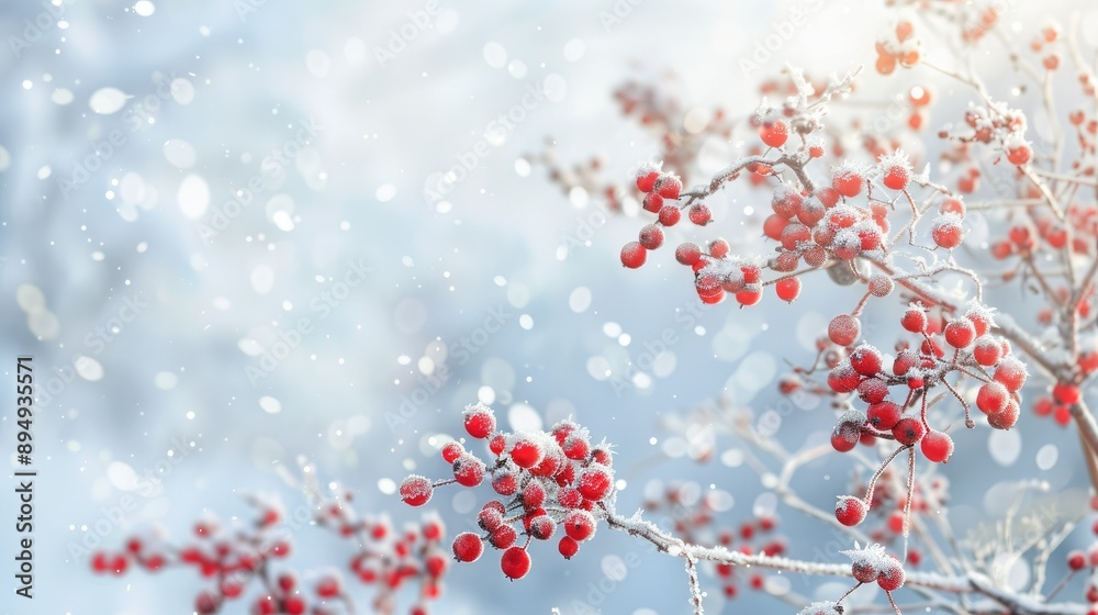 Winter scene with frost-covered red rowan berries, offering a natural banner space for adding text. Winter scene with frost-covered red rowan berries, offering a natural banner space for adding text.