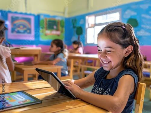 Girl using an iPad in a classroom, smiling, surrounded by classmates on devices.