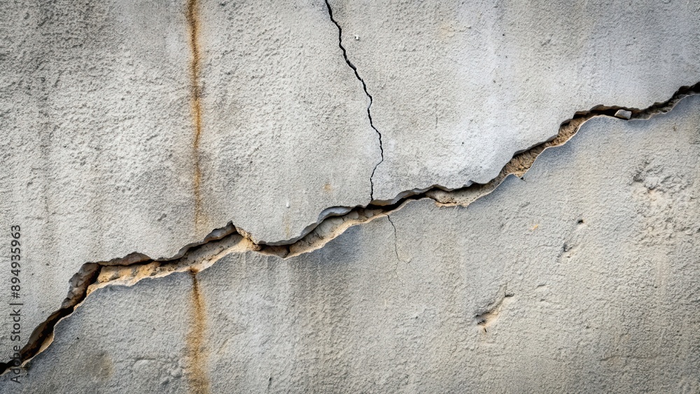 Obraz premium Crack in a concrete wall showing structural damage, crack, wall, damage, structural, broken, split, rupture, fracture