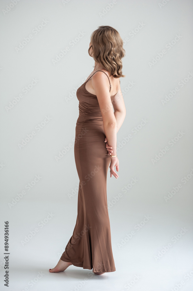 Fototapeta premium Vogue style woman in long brown slim dress 