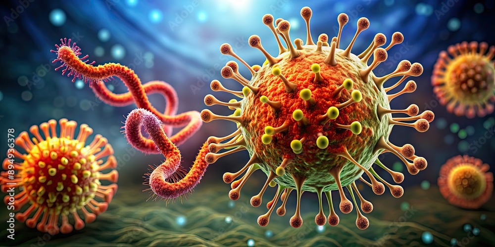 Ebola virus being attacked by a macrophage cell, Ebola, virus, macrophage, cell, attack, immune system, microscopic Ebola virus being attacked by a macrophage cell, Ebola, virus, macrophage, cell, attack, immune system, microscopic