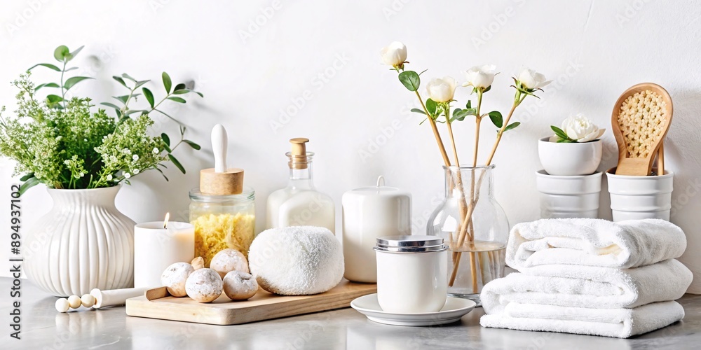 Serene Spa Setting. A bright and airy image featuring a collection of white spa accessories, towels, candles, and delicate flowers, creating a tranquil and luxurious atmosphere.