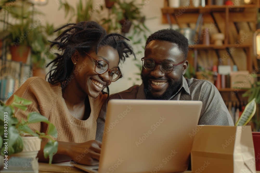 Portrait of a satisfied afro-american couple in their 20s ordering online looking in laptop Portrait of a satisfied afro-american couple in their 20s ordering online looking in laptop