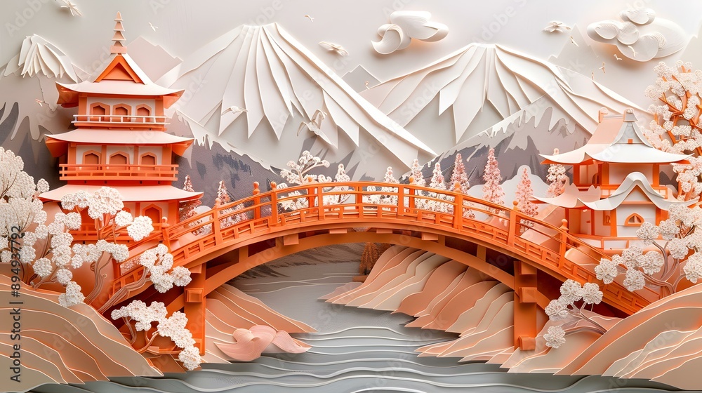 Obraz premium A paper cut illustration of a bridge in a mountainous landscape