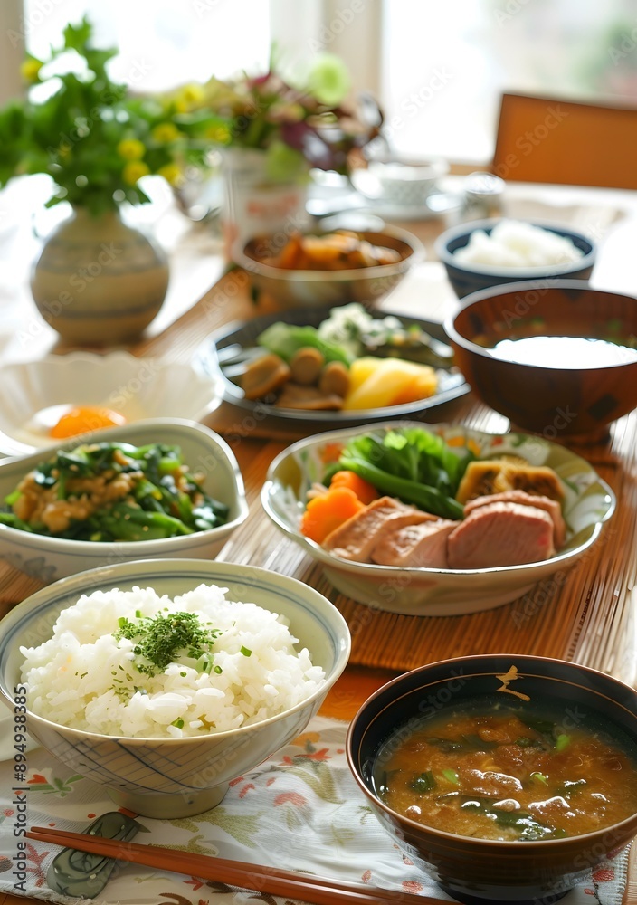 Traditional Japanese Cuisine with Steamed Fish, Vegetables, and Miso Soup Traditional Japanese Cuisine with Steamed Fish, Vegetables, and Miso Soup