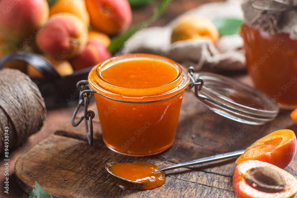 Ripe apricot jam in a jar on the table Ripe apricot jam in a jar on the table