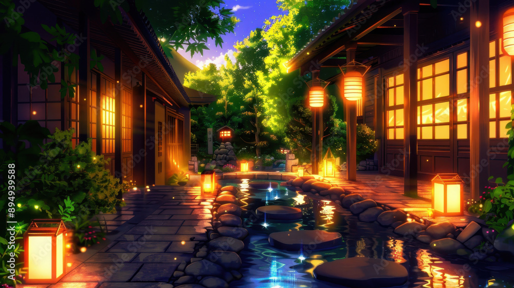 Tranquil Japanese garden pathway illuminated by lanterns, with a serene stream reflecting warm lights and lush greenery Tranquil Japanese garden pathway illuminated by lanterns, with a serene stream reflecting warm lights and lush greenery