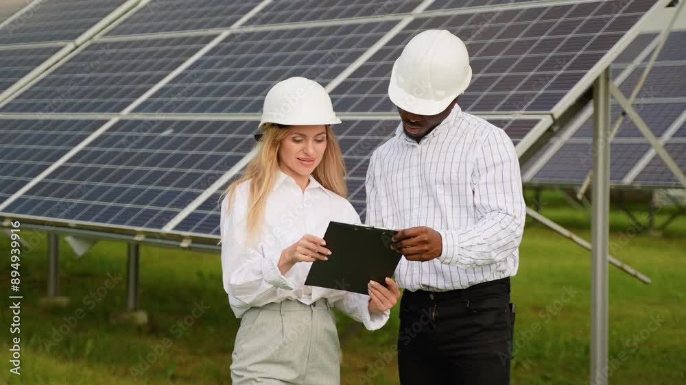 African american and caucasian technician checks the maintenance of the solar panels. Two engineers meeting at solar station African american and caucasian technician checks the maintenance of the solar panels. Two engineers meeting at solar station