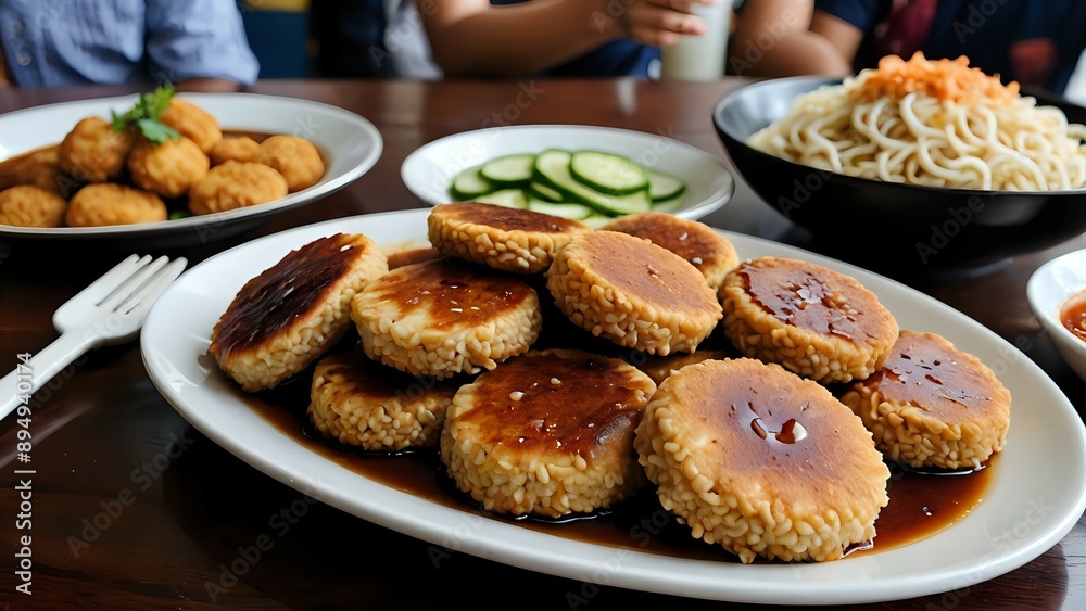 Close-up of a plate of crispy fried rice cakes, covered in a sweet and savory sauce. Close-up of a plate of crispy fried rice cakes, covered in a sweet and savory sauce.