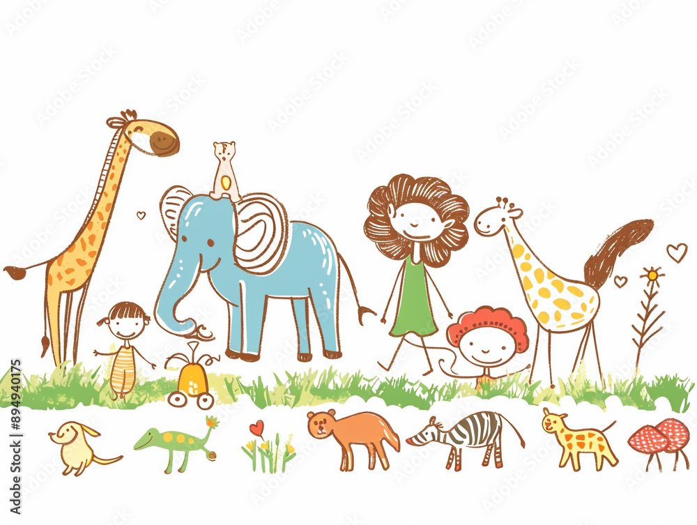 Naklejka premium Children's drawing showing children and animals happily playing together.