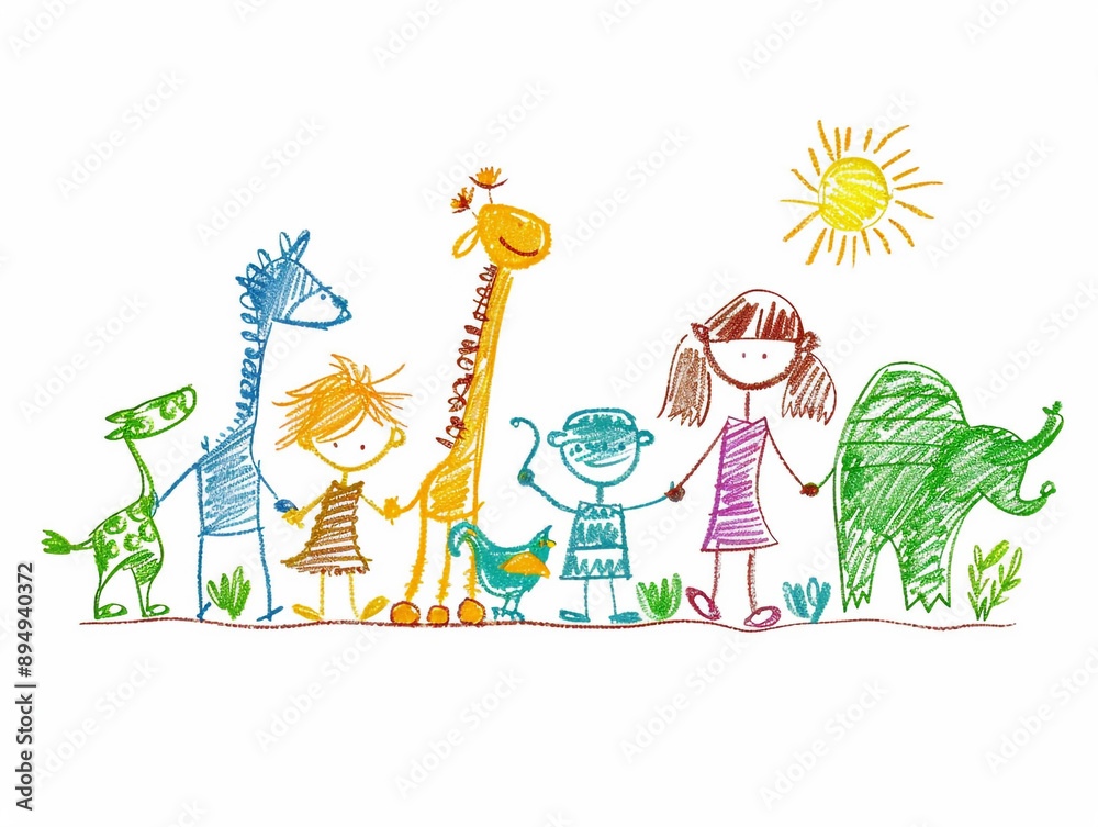 Children's drawing showing children and animals happily playing together. Children's drawing showing children and animals happily playing together.