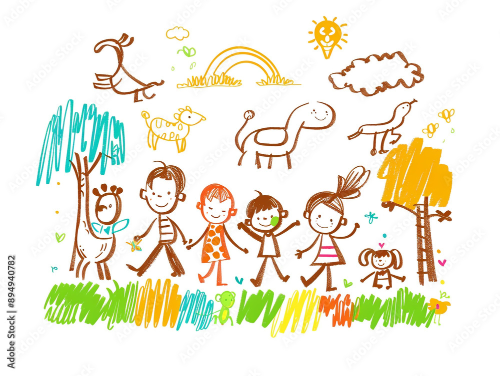 Children's drawing showing children and animals happily playing together. Children's drawing showing children and animals happily playing together.