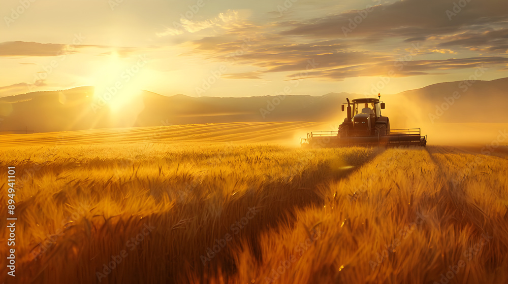 Fototapeta premium A tractor harvesting wheat in a golden field during sunset, capturing the warm and serene atmosphere of farming life.