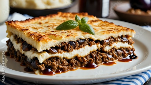 Close-up of a delicious moussaka dish on a white plate, with a sprig of basil on top. photo