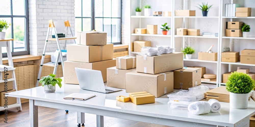Small Business Workspace with Packed Orders Ready for Shipping. Bright and airy workspace of a small online business with shelves full of cardboard boxes, packaged orders ready for shipment. Small Business Workspace with Packed Orders Ready for Shipping. Bright and airy workspace of a small online business with shelves full of cardboard boxes, packaged orders ready for shipment.