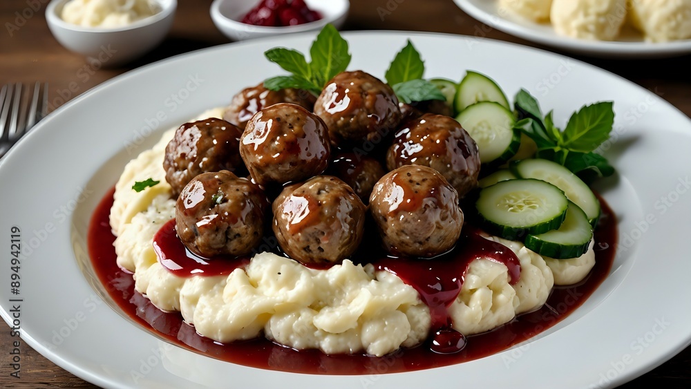 Close-up of Swedish meatballs with mashed potatoes and lingonberry sauce. Close-up of Swedish meatballs with mashed potatoes and lingonberry sauce.