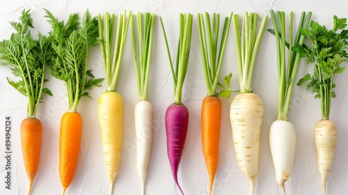 A row of carrots of different colors, including orange, yellow, and white photo