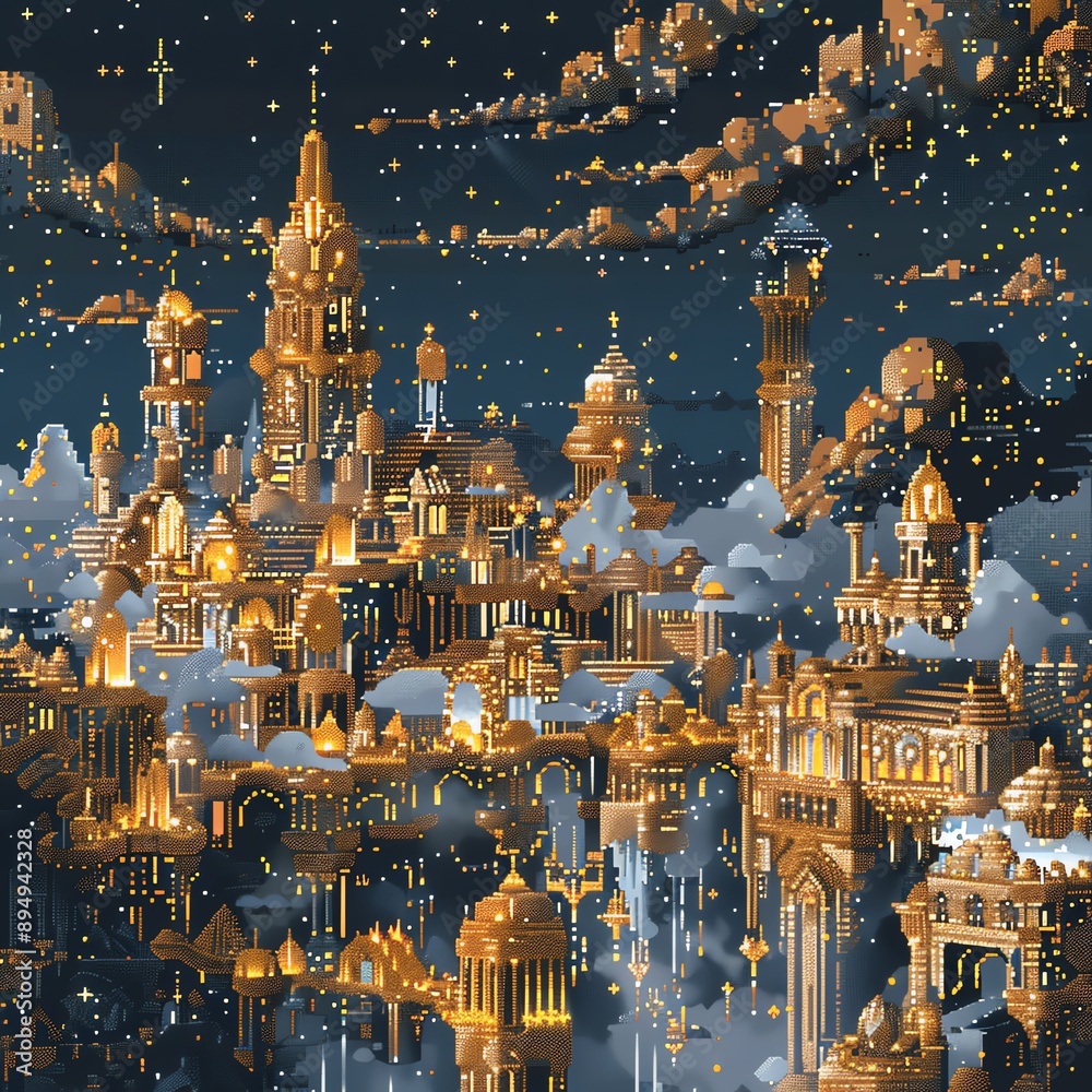 Obraz premium A stunning fantasy city illuminated by golden lights, set against a starry night sky, blending magic and beauty in a dreamlike landscape.