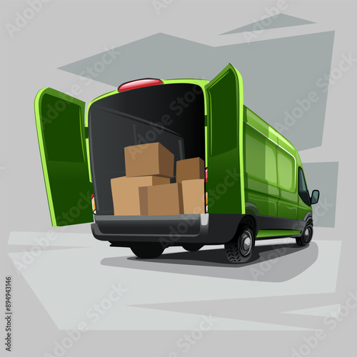 Drawing of a green van from the back with open doors and boxes in it, in a cartoon style.