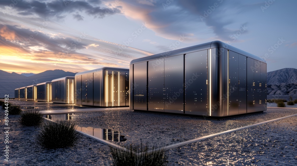 Obraz premium Modern metallic buildings illuminated at sunset in a desert landscape, showcasing innovative architecture and serene environment.