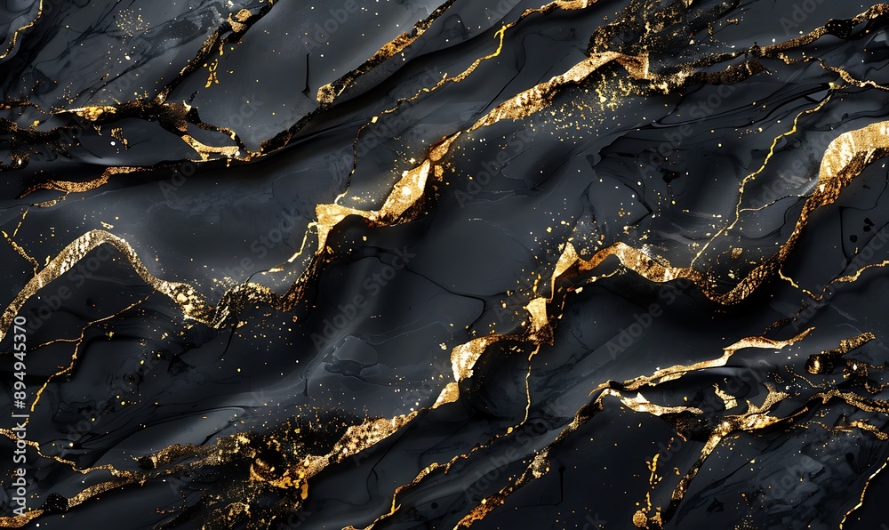 Fototapeta premium Abstract black surface with organic gold veins running through, creating a luxurious pattern