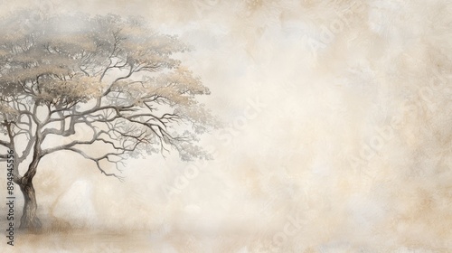 Abstract sepia toned watercolor art depicting a solitary tree on the left, blending softly into a textured background.