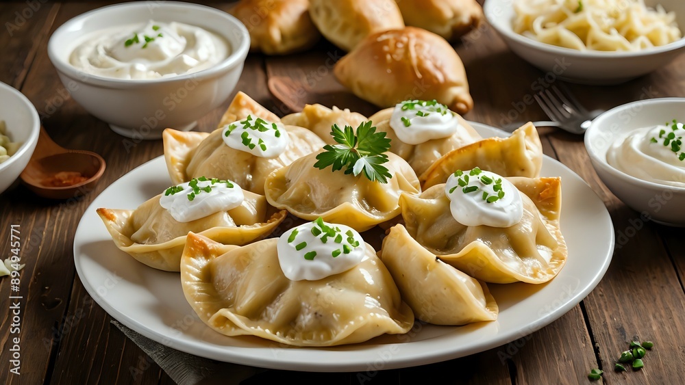 Delicious dumplings with sour cream and chives on a rustic wooden table. Delicious dumplings with sour cream and chives on a rustic wooden table.