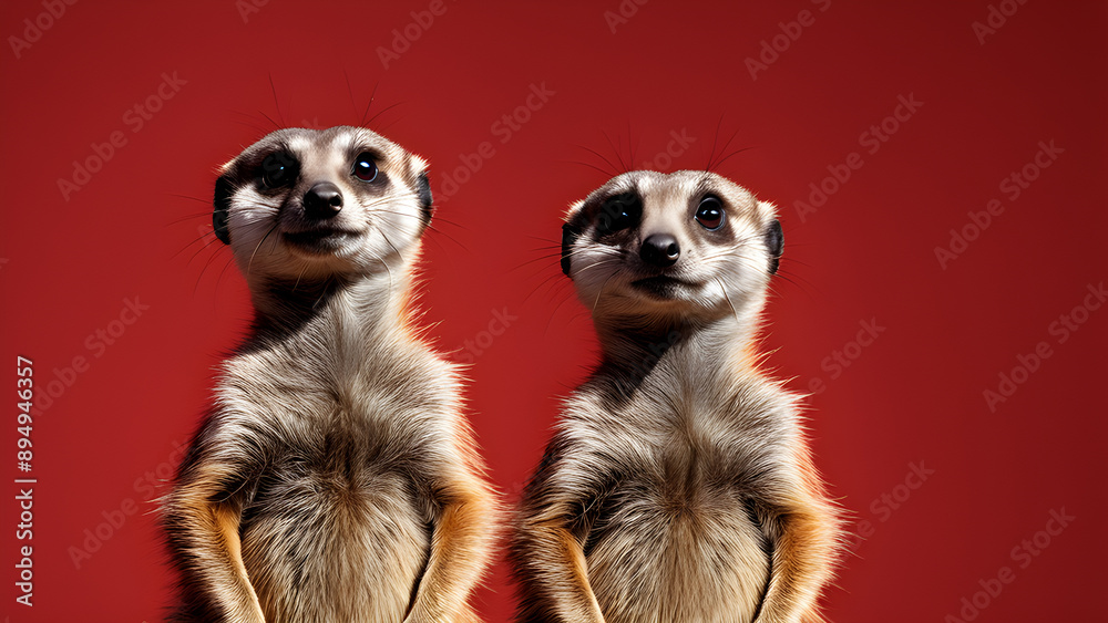 Two cute meerkats on a red background. Studio shot.