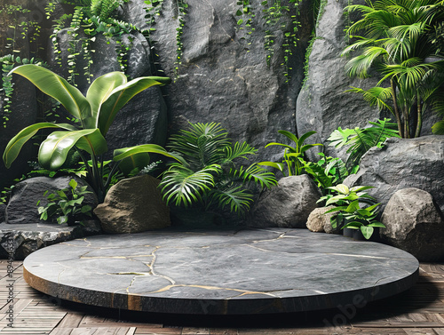 Podium background product forest green display platform wood stone 3d garden rock. Product podium jungle background stage leaf cosmetic nature scene stand presentation mockup tree pedestal plant eco