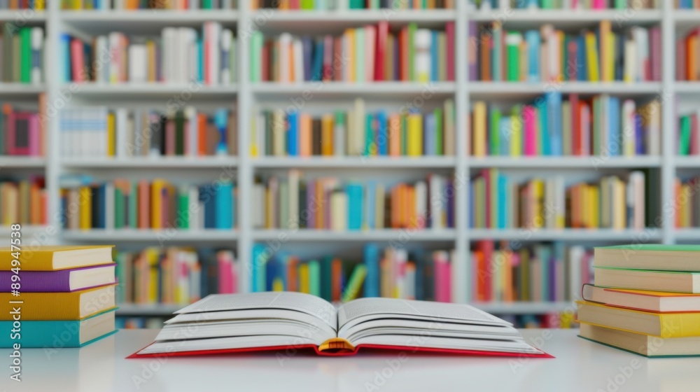 Open book on desk in colorful library Open book on desk in colorful library