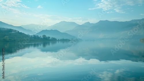 Experience the tranquility of a serene lake surrounded by mountains, capturing its reflective beauty.