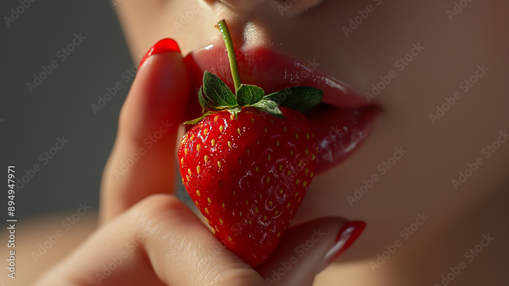 Obraz premium Sensual Close-Up of Strawberry and Lips