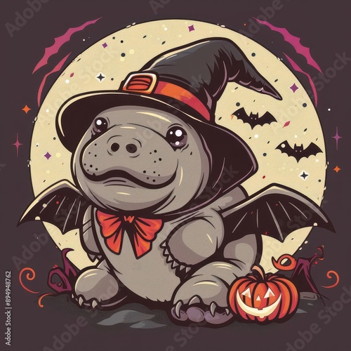 A kawaii Halloween clip art of a playful walrus dressed as a vampire photo