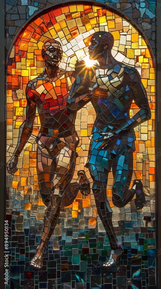 Obraz premium Mythological Deities in a Captivating Relay Race Across a Stained Glass Stadium