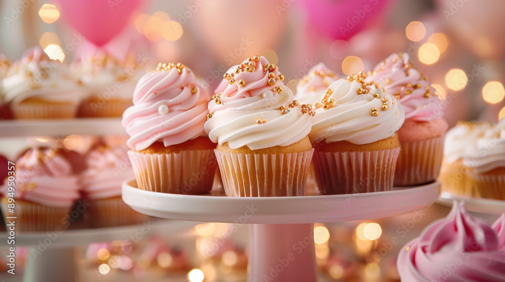 Decoratively frosted cupcakes with pink and white icing, adorned with golden sprinkles, set against a soft, blurred background Decoratively frosted cupcakes with pink and white icing, adorned with golden sprinkles, set against a soft, blurred background
