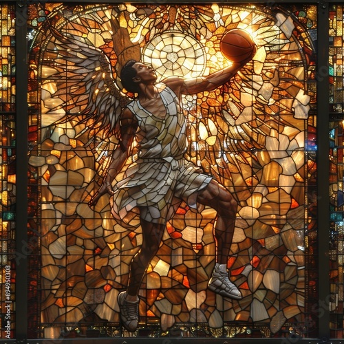 Winged Messenger God Executing Incredible Slam Dunk in Basketball Stadium with Stained Glass Sunset Lighting
