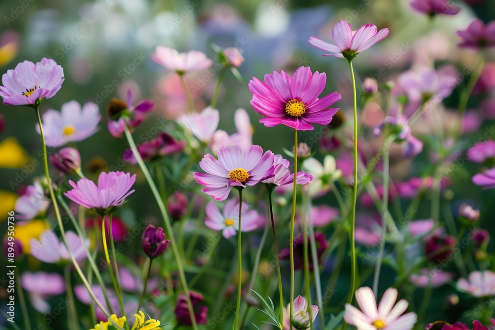 Pink Cosmos Flowers Blooming in a Field Pink Cosmos Flowers Blooming in a Field