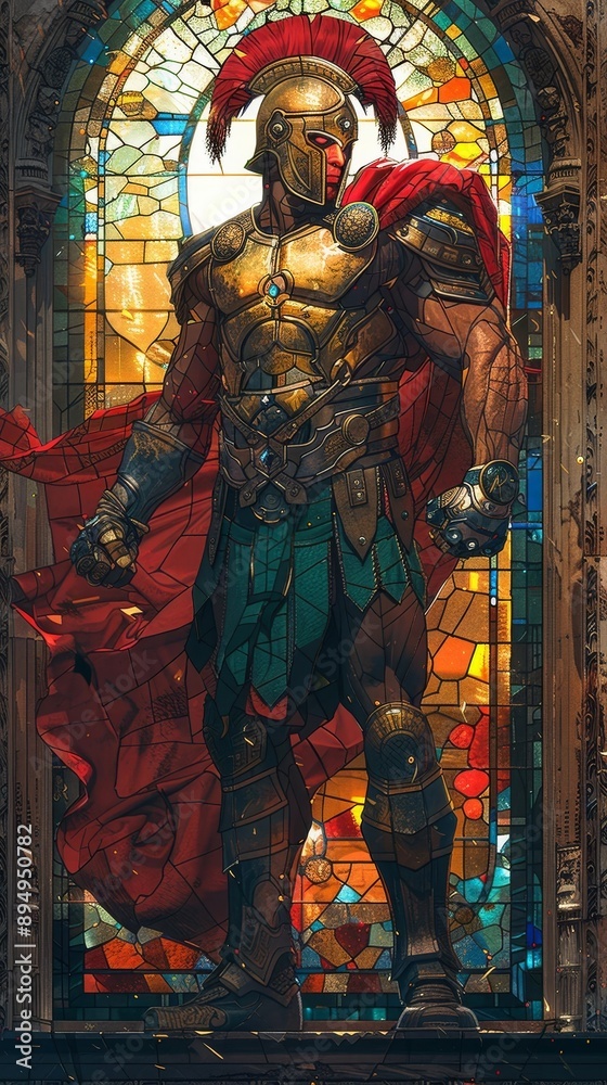 Obraz premium Powerful God of War Performs Shadow Boxing in Dramatic Stained Glass Cathedral
