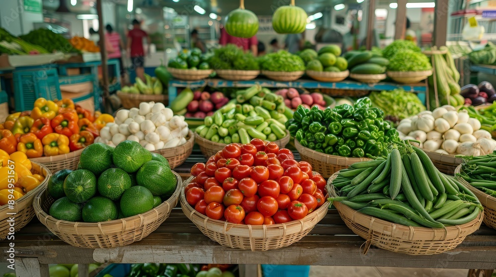 A crate of greens sits on a table with other produce A crate of greens sits on a table with other produce