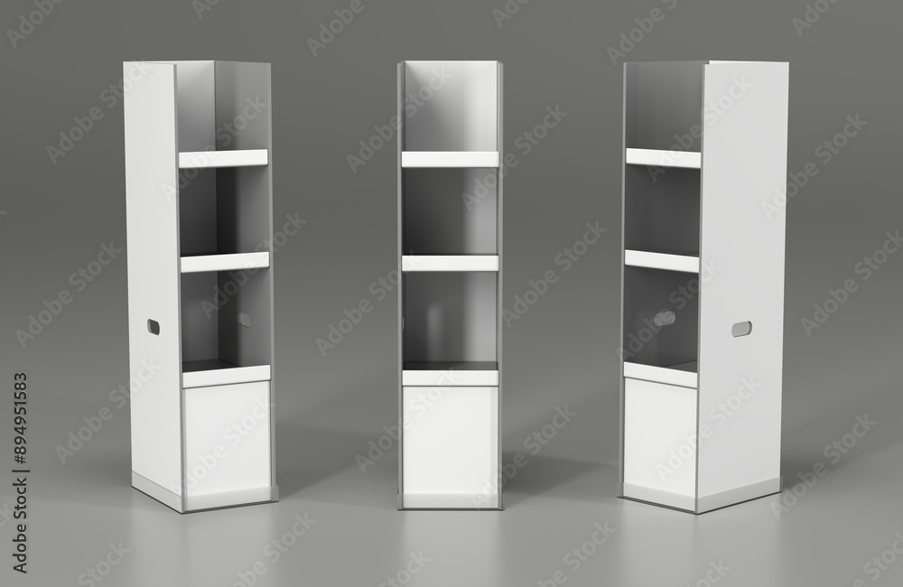 Retail cardboard display rack with holes for transfer. 3d illustration set on gray background Retail cardboard display rack with holes for transfer. 3d illustration set on gray background